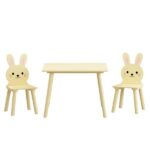 Kids Table and Chair Set with 2 Bunny Chairs, Children's Wooden Activity Table for Toddlers, Cute Animal Design Study Play Set for Playroom, Bedroom, Classroom - Cream Yellow - Image 15