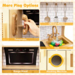 Kids Wooden Kitchen Playset 3+ with Fridge Sink Washing Machine with Realistic Light Sound Rattan Doors - Yellow - Image 9