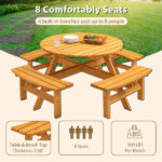 8-Person Outdoor Circular Wooden Picnic Table with 4 Built-in Benches for Patio Backyard Garden, Natural - Image 3