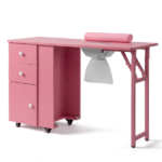Nail Desk Folding Table, Pink MDF Manicure Station w/ 2 Drawers & 1 Door Cabinet for Nail Art Salon Home Beauty - Image 3