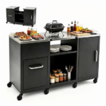 59 Inch Multi-Use Outdoor BBQ Grill Prep Table with Removable Storage Shelves, 8 Rolling Lockable Wheels Heavy Duty Metal Grill Cart Stainless Steel Countertop Ventilated Cabinet 880 LBS Total Capacity Black Silver