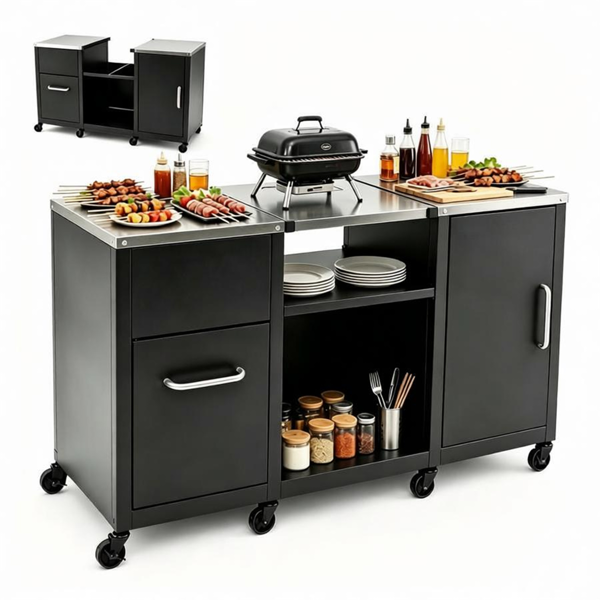 59 Inch Multi-Use Outdoor BBQ Grill Prep Table with Removable Storage Shelves, 8 Rolling Lockable Wheels Heavy Duty Metal Grill Cart Stainless Steel Countertop Ventilated Cabinet 880 LBS Total Capacity Black Silver