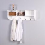 White Entryway Wall Mounted Coat Rack with 4 Dual Hooks Living Room Wooden Storage Shelf - Image 6