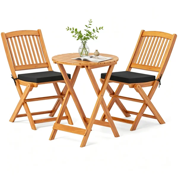 3 Pieces Foldable Acacia Wood Patio Bistro Set, Outdoor Round Table & 2 Ergonomic Chairs with Removable Black Cushions for Balcony Backyard
