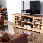 57.87 Inch TV Stand with Deep Brown Top & Natural Wood Cabinet - Double Glass Door Media Console, Laminate Particle Board Entertainment Center for TVs Up to 65 Inches - Image 9