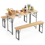 47" Foldable Picnic Table with 2 Benches, Solid Fir Wood Outdoor Dining Set with Sturdy Metal Frame for Patio Garden Backyard - Image 2