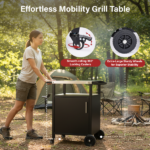 Outdoor Grill Table Cart with Cabinet, Stainless Steel Movable Kitchen Island with Large Storage Cabinet, Multifunction Food Prep Table with Bottle Opener and Seasoning Tray, Black - Image 7