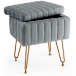 Square Ottoman with Storage, Makeup Cute Soft Small Footstool, Modern Style Faux Fur Seat with 4 Metal Legs & Adjustable Feet for Dressing, Living Room Bedroom Dorm, Gray