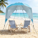 2-in-1 Portable Beach Umbrella with Side Panels UPF 50+ Silver Coated Oxford Cloth, Wind Resistant Vented Canopy with Sand Anchor Stakes Wind Ropes - Turquoise - Image 8