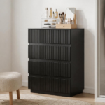 Handleless Grille-Finished 4-Drawer Bedside Table P2 Particleboard + MDF & Melamine Veneer + Thermoformed Drawer Dresser 23.62*14.96*30.71in Black - Image 15