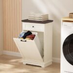 10 Gallon Tilt Out Trash Cabinet Freestanding Trash Bin Cabinet Wood Garbage Recycling Cabinet with Hideaway Drawer Pet Proof Trash Can Holder for Kitchen Living Room, Antique White (not include can) - Image 11