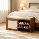 Brown Entryway Shoe Storage Bench – Padded Seat with 2 Rattan Doors for Hidden Shoe Storage - Image 8