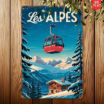 CIFbuy Vintage Les Alpes Ski Lift Mountain Scene Aluminum Wall Art, Wall Art, Rustic 2D Flat Waterproof Hanging Plaque Sign, Hanging Plaque Sign, Indoor Outdoor Home Lift MikTok, Lift MikTok, of Hanging Plaque Sign Self- Wckup Logiopme - Image 3