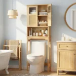 2-Door 3-Tier Toilet Cabinet Particleboard Melamine-Faced Bathroom Vanity Bathroom Cabinet with Rattan Surface 23.62*8.66*66.93in Natural Wood