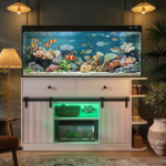 75 Gallon Fish Tank Stand with LED Light &Power Outlets, 55-75 Gallon Aquarium Stand with Sliding Fluted Doors, 2 Large Cabinet and Storage Shelves, Cabinet for 2 Fish Tank Accessories Storage,1200 LB - Image 4