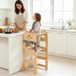 3-in-1 Convertible Toddler Learning Tower Step Stool with Chalkboard, Poplar Wood Flip Design Weaning Table Stool Set Anti-Tip Safety Guardrail 110 LBS Load for Kids 18+ Months Cat Pattern - Image 3