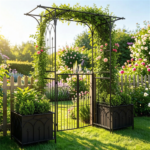 Metal Garden Arbor with Double Lockable Gate, Flat Top Garden Arch with Side Planter Boxes, Powder-Coated Climbing Plant Support - Image 5