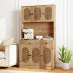 Natural Boho 6-Door Pantry Cabinet, PE Rattan Doors & Built-in Charging Station (2 AC Outlets + 2 USB Ports) - Image 3