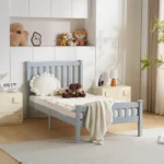 Twin Single-Layer Wooden Bed Vertical Decorative Strips Curved Headboard and Footboard Bed Frame Painted Pine Bed Frame 79.33*42.52*38.98in Grey - Image 8