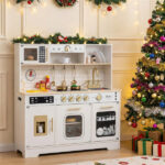 Kids Wooden Play Kitchen with Realistic Lights & Sounds, Pretend Ice Maker & Storage for Toddlers Age 3+ - White - Image 7