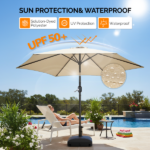9ft Patio Umbrella, Outdoor Market Umbrella with Push Button Tilt, Crank Handle, 6 Sturdy Iron Ribs, UPF 50+ Waterproof Solution-Dyed Polyester Canopy, for Garden, Deck, Backyard, Poolside, Beige - Image 20