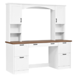 Farmhouse Arched Computer Desk with Hutch, Mid-Century Walnut Home Office Workstation with Charging Station & Keyboard Tray, All-in-One Writing Desk with File Drawer for Study, Office, White - Image 7