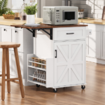 39.3" Farmhouse Kitchen Island with Drop Leaf, Kitchen Storage Island with Open Side Rack, One Drawer, Towel Rack, Rolling Kitchen Cart with Lockable Wheels for Lawn Garden, White - Image 4
