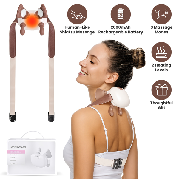 4db1df7c-d430-43d1-97db-98e87f775225.png Adjustable Strap Neck Massager, 3 Intensity 2 Heat Levels Cordless Deep Tissue Massager for Neck Shoulder Back, Travel Office Home Use - Image 1