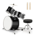 14"x10" 3-Pieces Junior Kids Drum Set Kit Pedal Drum Stick Wrench Drum Stool Black - Image 4