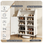 White Multi-Compartment Shoe Cabinet with Countertop & Open Storage Cubbies, Magnetic Door Adjustable Partition Shoe Rack for Shoes Boots Home Entryway Storage Furniture - Image 9