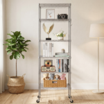 6-layer display rack with adjustable layer spacing, freely combinable and detachable, featuring a row of 6 side hooks, adjustable feet and wheels. Made of iron, 55*30*165cm, powder-coated silver-gray - Image 7