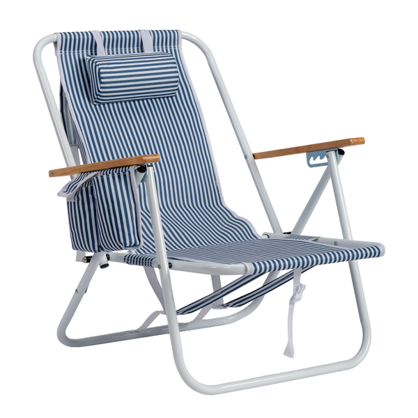 4-Position Adjustable Backpack Beach Chair, Foldable Rustproof Aluminum Frame Lounge Chair with Wooden Armrest, Side Storage Pockets & Detachable Pillow, 24"×22"×37" Outdoor Patio Camping Lawn Chair Holds up to 265 LBS, Blue White Vertical Stripe
