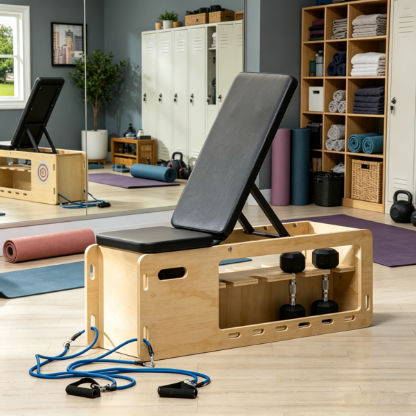 Home Gym Wooden Workout Bench: Adjustable Incline Weight Bench with Dumbbell Rack and Built-in Resistance Bands