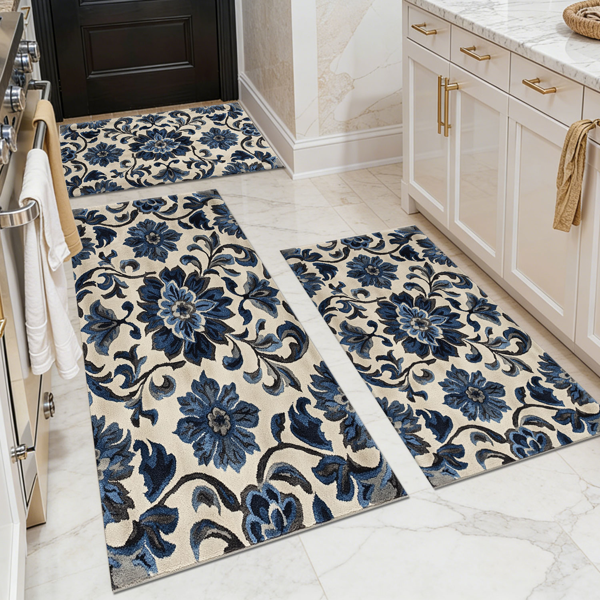 Three-piece kitchen rug set, non-slip and washable, abstract pattern kitchen hallway rug, soft and comfortable, suitable for sinks, floors, entrances, hallways and bathrooms.