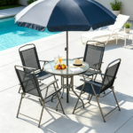 Black & Coffee 6-Piece Patio Dining Set for 4 – Complete with Umbrella, Round Glass Table & 4 Folding Chairs - Image 7