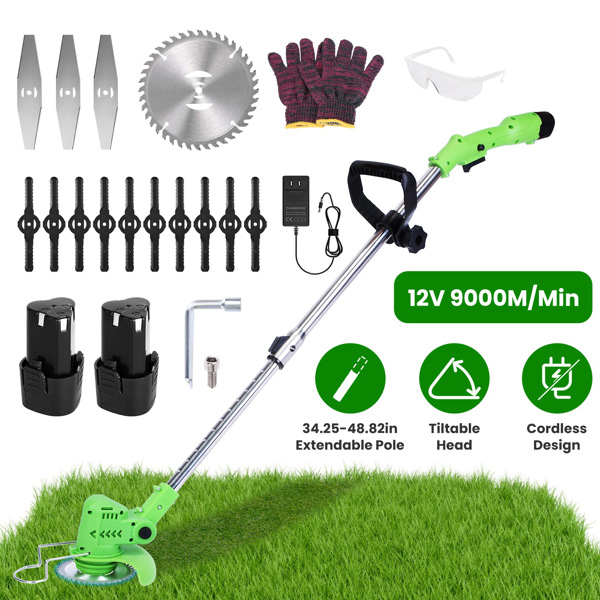 Cordless Grass Trimmer, 200W 1200mAh Battery, 3 Blade Types, Adjustable Length & Angle, Lightweight Weed Cutter for Yard/Garden with Wear rechargeable battery goggles and gloves