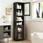 67" Tall Slim Bathroom Storage Cabinet with Fluted Doors, Adjustable Shelf Freestanding Narrow Organizer - Black - Image 6
