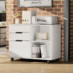 3-Drawer File Cabinet with Wheels, Rolling Wood Printer Stand with Open Storage Shelves for Home Office, White - Image 6