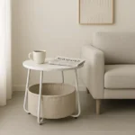 Round End Table with Storage Basket, Accent Table for Reading Nook, White (Shipment from Walmart)