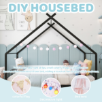 Black House Shaped Twin Size Kids Metal Bed with Side Rails, Platform Bed No Box Spring Needed, Safe & Sturdy Metal Frame for Kids Toddlers, US Standard Size - Image 7
