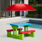 Kids Outdoor Table and Chair Sets with Removable Umbrella, Kids Picnic Table for Backyard Garden Patio, Red & Blue & Green - Image 5