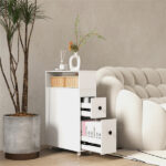 Slim White Bathroom Storage Cabinet (20"x7.5"x28.5") - Fits Tight Spaces (Tub-Toilet Gap), 2 Drawers + Open Shelf + Wicker Baskets - Image 3