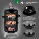 Vertical Steel Charcoal Smoker, Heavy Duty Double Layer Round BBQ Grill for Outdoor Cooking, Black - Image 16