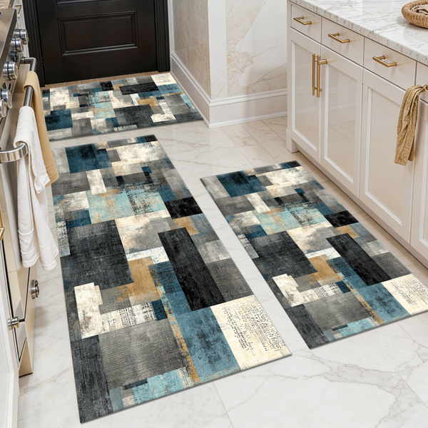 4ea24f63-a717-45af-9591-e0854d3a2a2d.png Three-piece kitchen rug set, non-slip and washable, abstract pattern kitchen hallway rug, soft and comfortable, suitable for sinks, floors, entrances, hallways and bathrooms. - Image 1