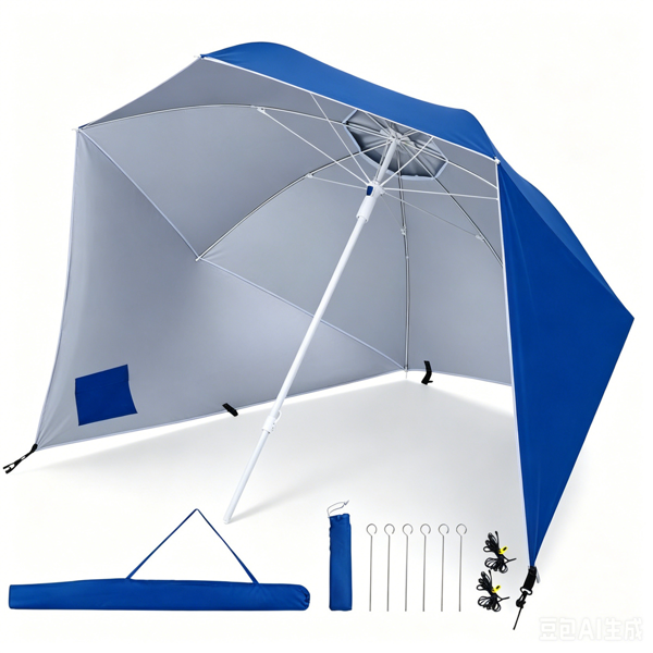 2-in-1 Portable Beach Umbrella with Side Panels UPF 50+ Silver Coated Oxford Cloth, Wind Resistant Vented Canopy with Sand Anchor Stakes Wind Ropes - Blue