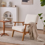 Solid Wood Armrest Teddy Velvet Simple Single Indoor Lounge Chair Backrest Creamy-White - Image 12