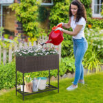28" Elevated Raised Planter Box with Storage Shelf, Ergonomic Garden Bed for Patio Balcony Herb Vegetable - Brown - Image 3