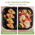 2-in-1 Electric Hot Pot & Grill Combo, Dual Separate Temperature Control, Non-Stick Die-Cast Aluminum, Overheat Protection, 33.82OZ Hot Pot 6.76OZ Grill, Portable for 1-2 People, Home Dorm Indoor BBQ - Image 5