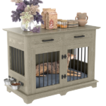 44.48" Large Dog Crate Furniture, Indoor Wooden Dog Kennel End Table with 2 Storage Drawers and Rotating Bowls, Decorative Pet Cage Dog House for Medium Dogs, Gray - Image 7