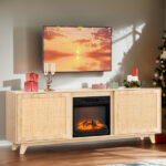 70" Oak Finish Low-Profile Fireplace TV Stand with 2 Doors & Rattan Front for 18" Insert - Image 6
